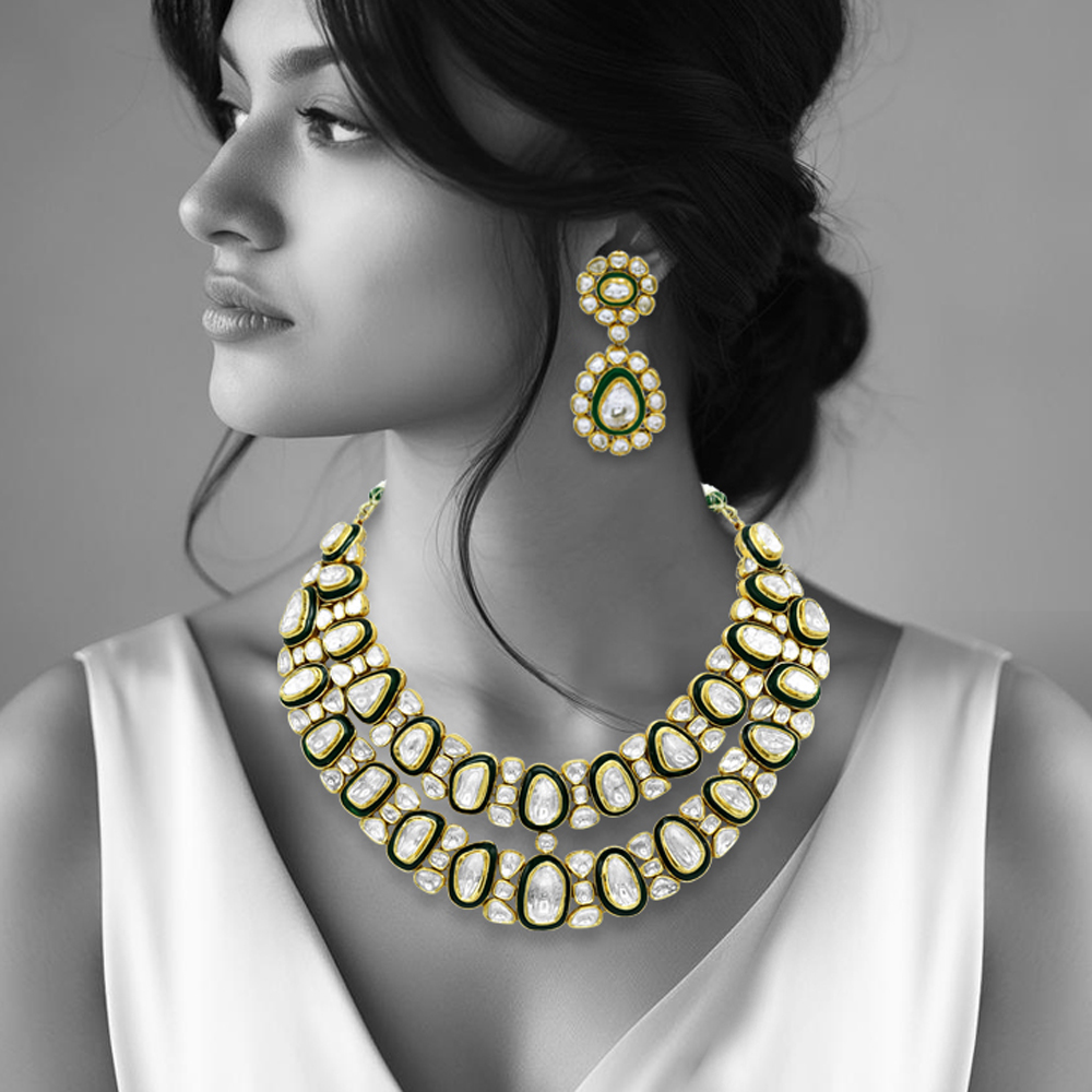 Polki Necklace Set with Green Enamel and Layered Design